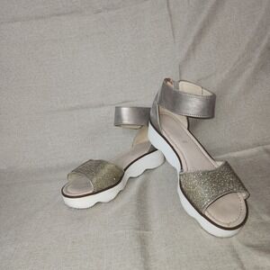 Gabor Glitter Platform Wedge Sandals Ankle Strap Size 8 US Metallic Taupe